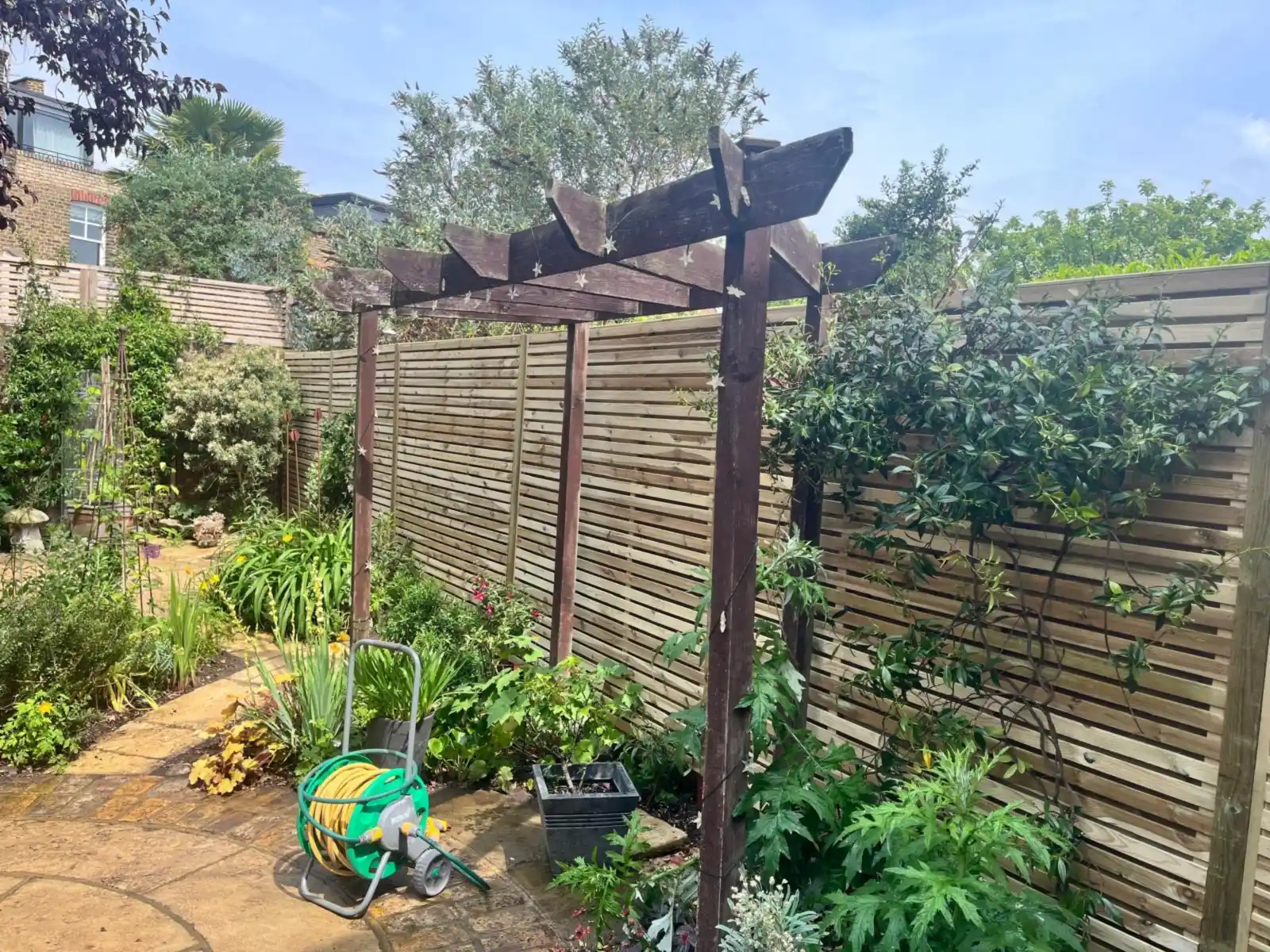 Double slatted fence panels behind a pergola and mature planting in a garden in Twickenham