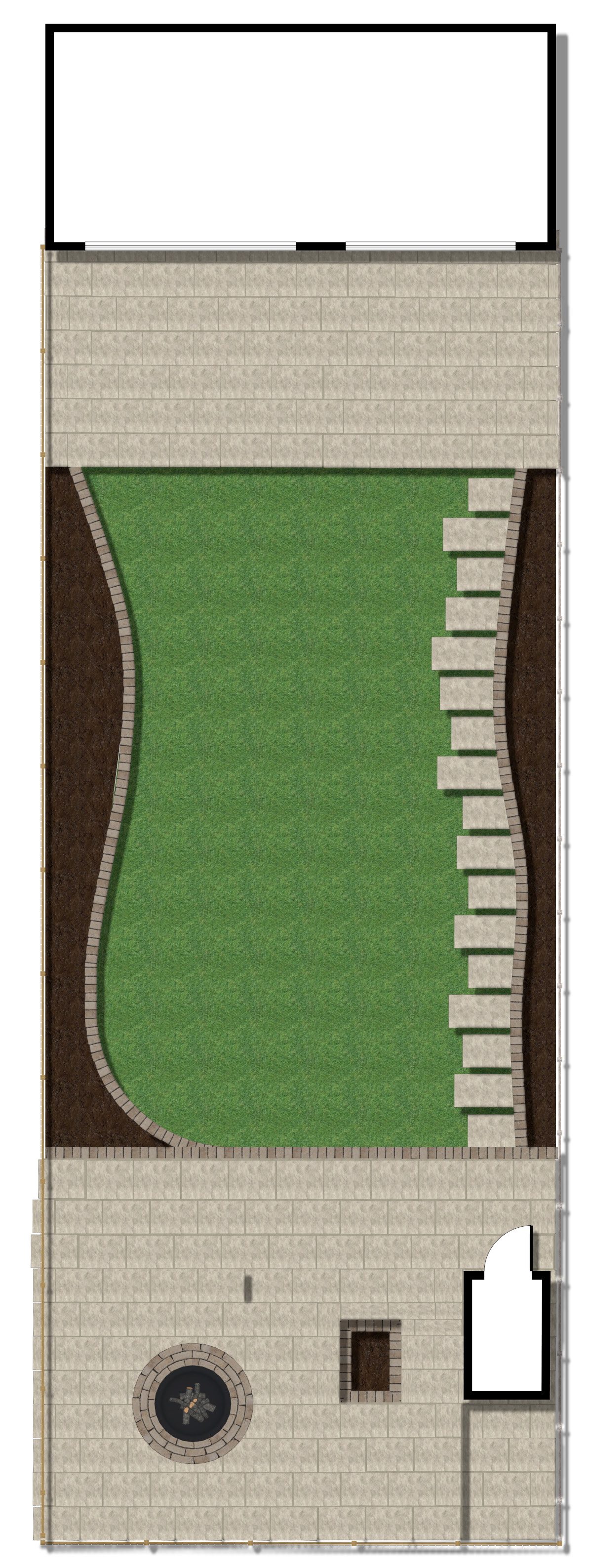 Scaled garden design plan view for a garden transformation in East Molesey, showing a curved lawn, natural stone terraces, brick edged borders and a circular fire pit