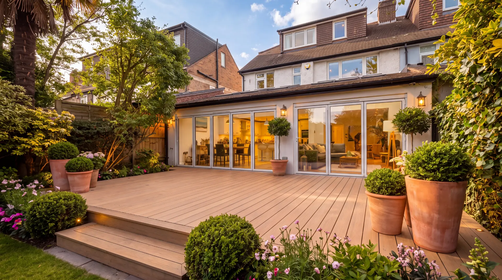 Composite decking terrace with steps, potted topiary and planted borders outside bifold doors in a Surrey garden at dusk