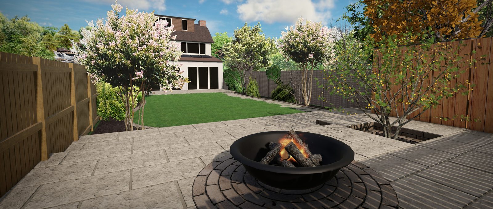 Design visualisation of the fire pit seating terrace in the East Molesey garden, with natural stone paving and screening planting along the boundary
