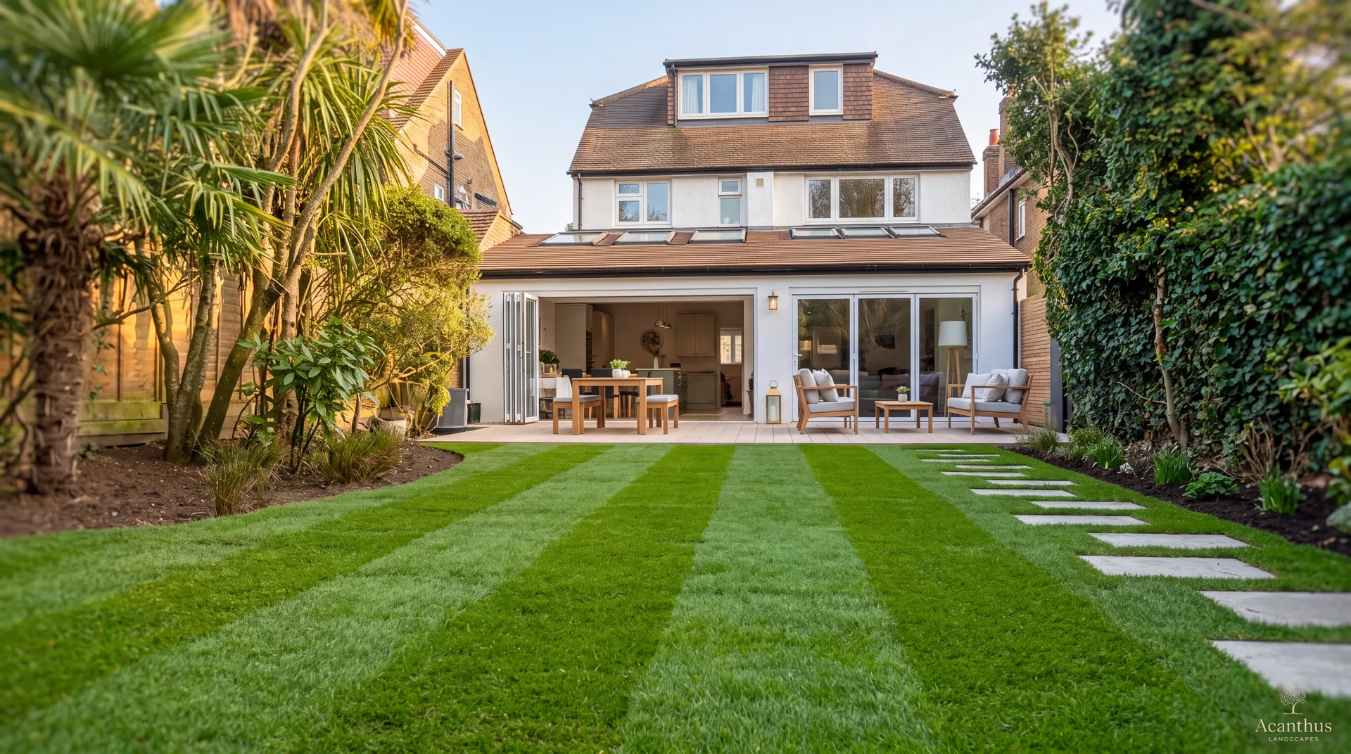 Landscaped garden with paving and planted borders built by HD Landscape Gardeners in Barnes