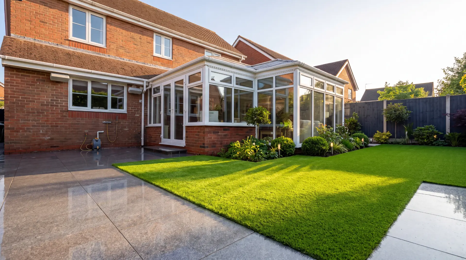 Artificial grass lawn beside a porcelain patio and conservatory in a Surrey family garden