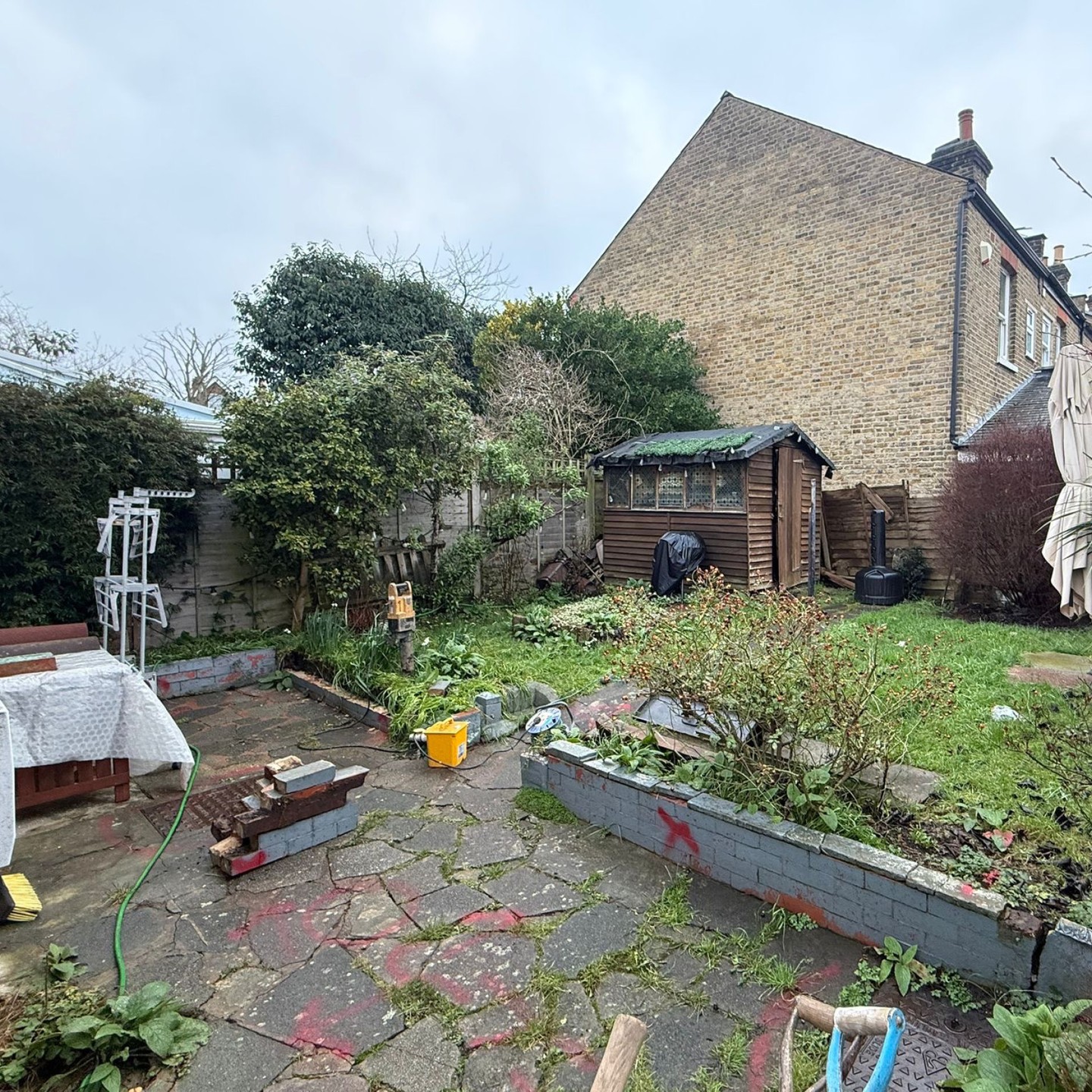 Before: overgrown back garden with cracked concrete slabs and crumbling painted block walls
