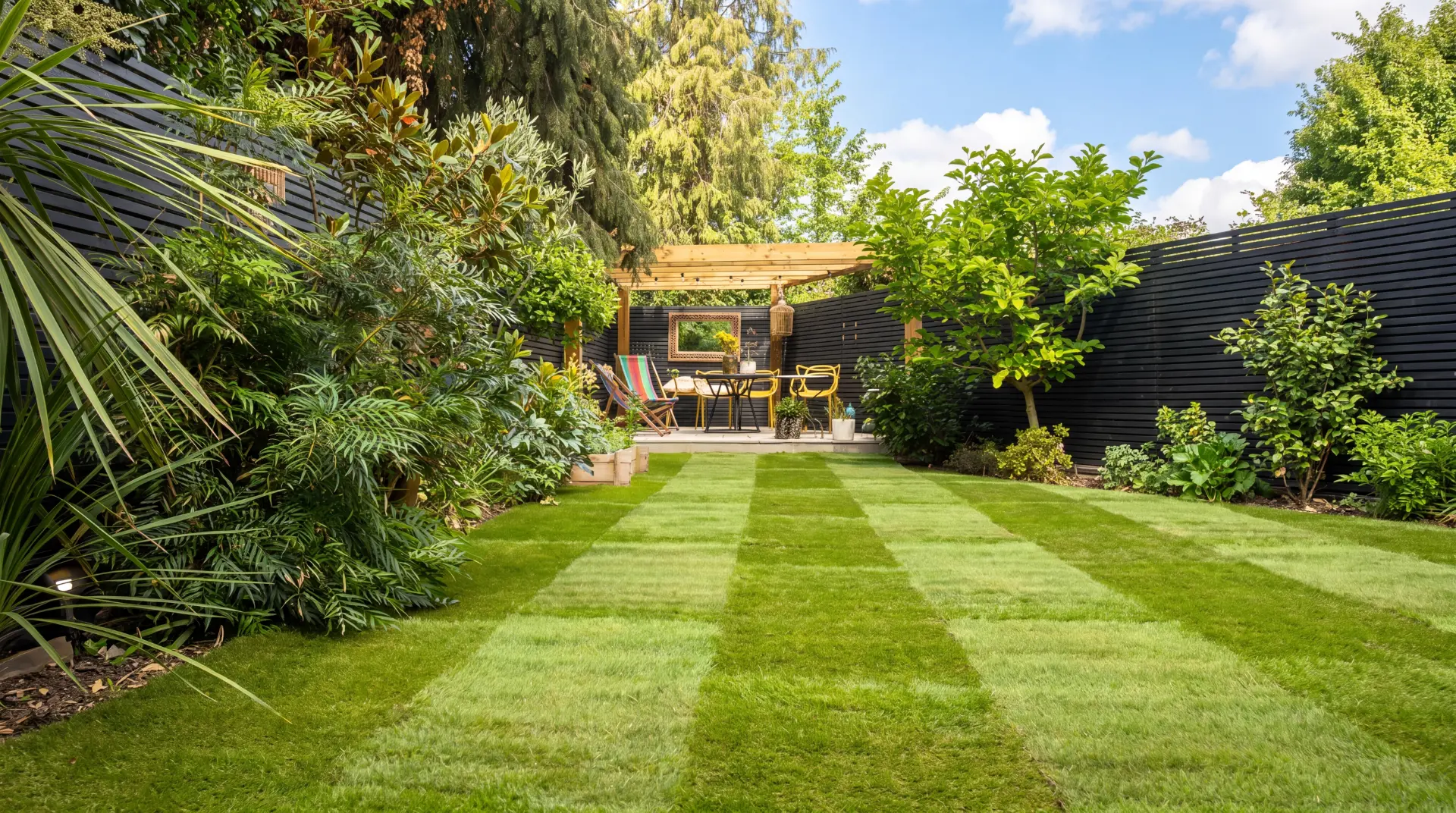 Newly laid turf lawn with striped mowing pattern, pergola, outdoor seating and black painted fencing in a Surrey garden