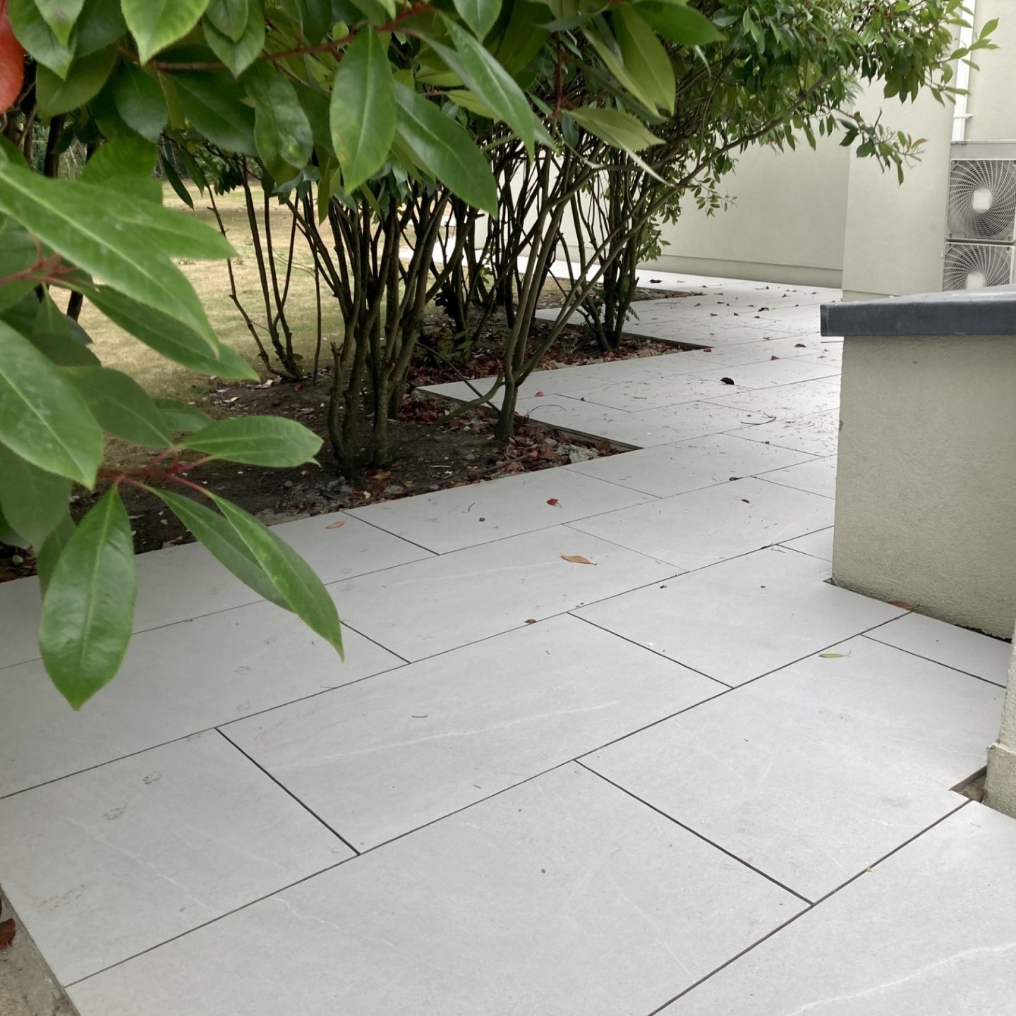Built in planter recessed into porcelain paving with a mature shrub retained, Oxshott
